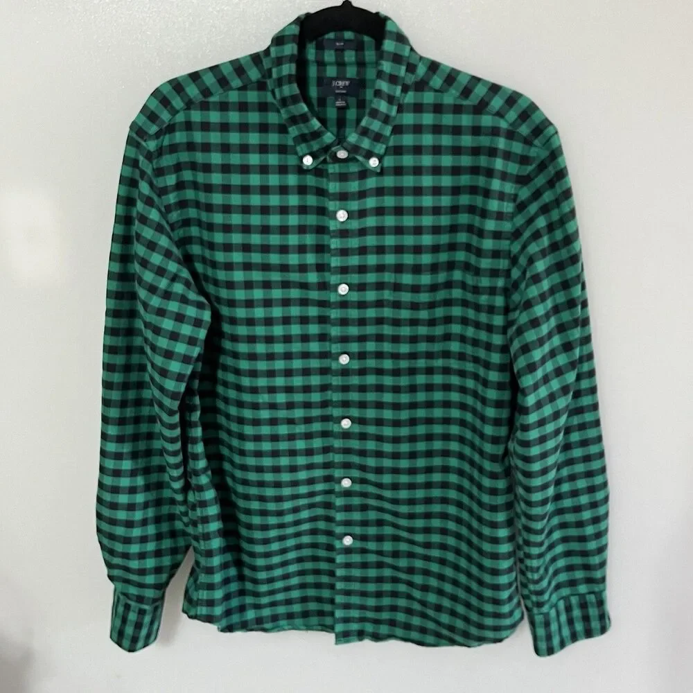 J.Crew Shirt Mens Green Plaid Button Down Slim Fit Oxford Collared Cotton L